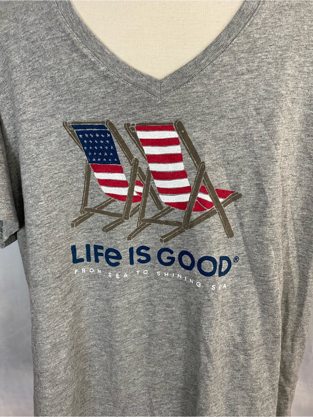 Life Is Good Gray V-Neck Tee with American Flag Deck Chair Graphic - Picture 3 of 4
